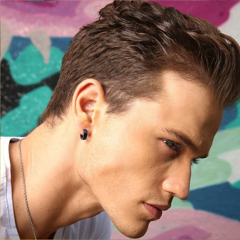 Stainless steel Rock Punk Huggie earrings with small hoops, boho jewelry style, designed for men, by The Clothing Company Sydney.