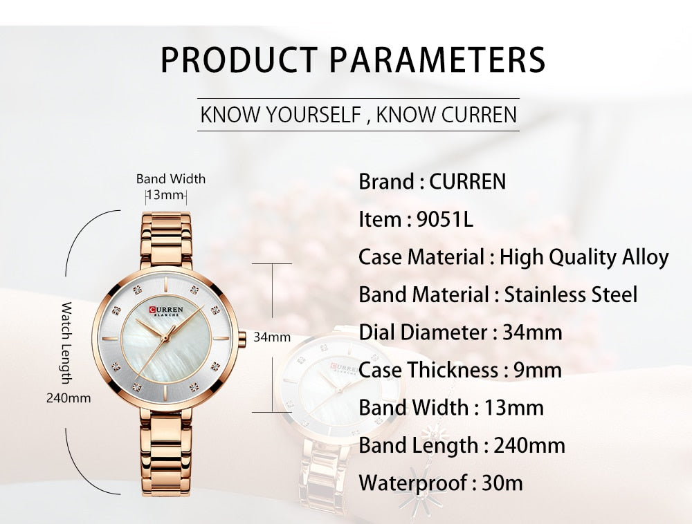 Elegant ladies' wristwatch featuring a rhinestone dial, quartz movement, water resistance, and stainless steel band by The Clothing Company Sydney.