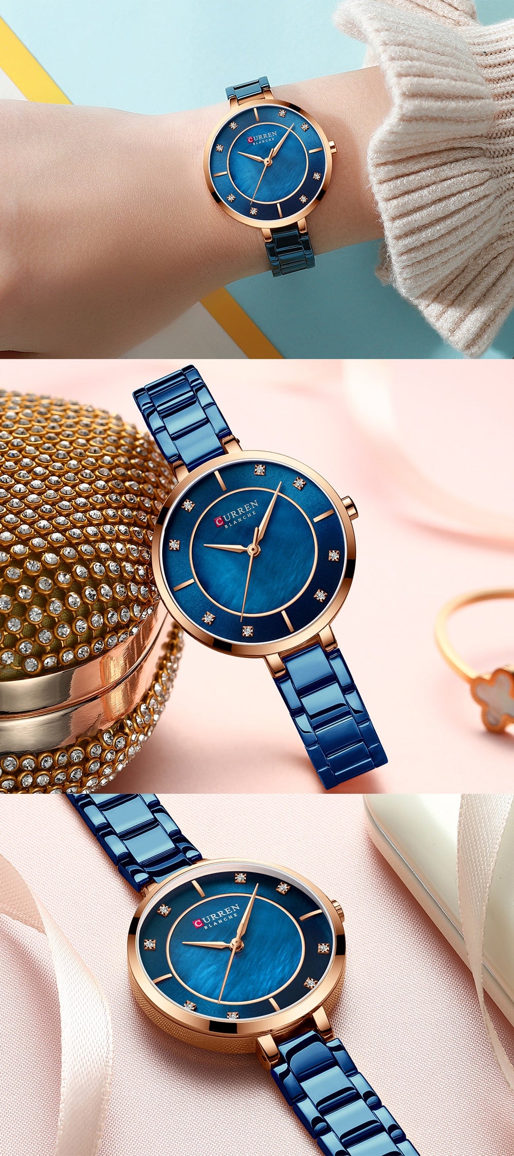 Ladies luxury stainless steel wristwatch with rhinestone dial and water-resistant quartz movement by The Clothing Company Sydney.