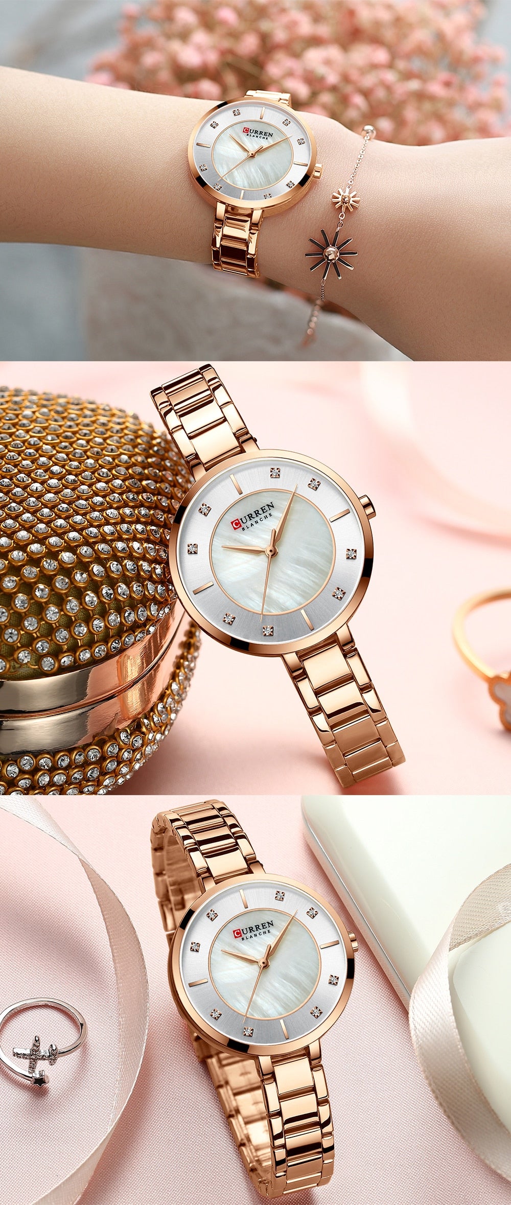 Ladies fashion wristwatch with rhinestone dial, quartz movement, water resistance, stainless steel band, by The Clothing Company Sydney.