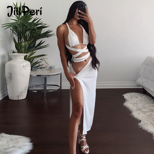 Strappy Cross Crop Top and Maxi Skirt Two Piece Cut Out White Irregular Club Wear Women 2 Piece Outfit Set The Clothing Company Sydney