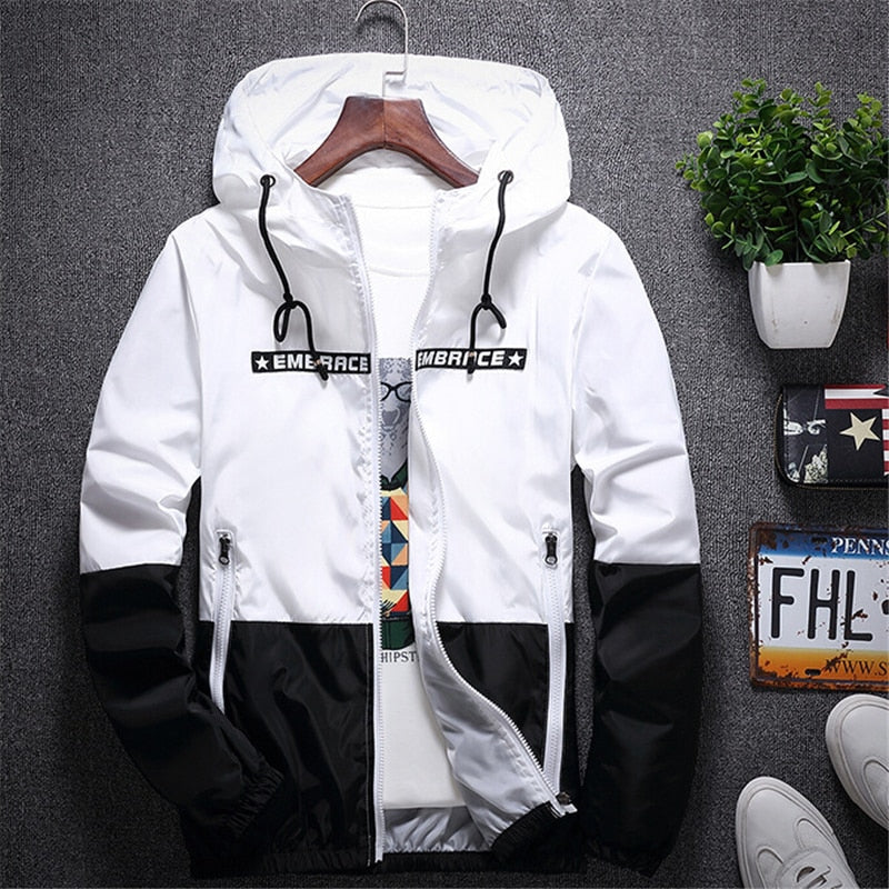 Men's all-weather casual jacket by The Clothing Company Sydney, slim fit hooded windbreaker with patchwork design and zipper closure.