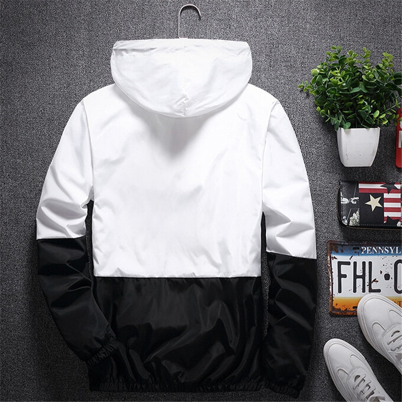 Men's all weather casual jacket by The Clothing Company Sydney, slim fit hooded windbreaker with patchwork design and zipper.