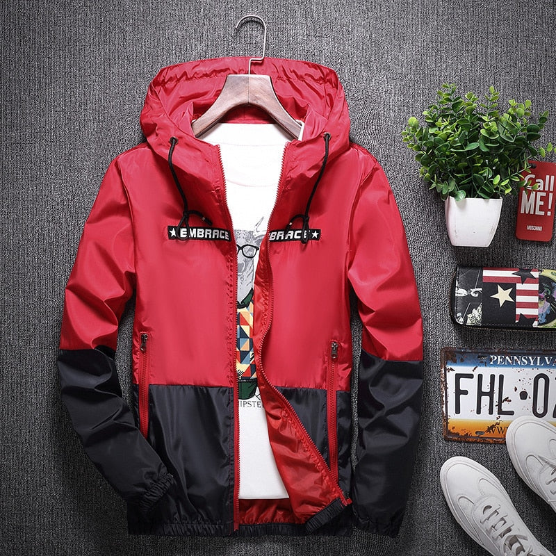 Men's all weather casual jacket by The Clothing Company Sydney, slim fit hooded windbreaker with patchwork design and zipper.