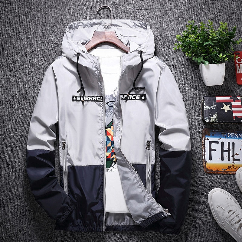 Men's all weather casual jacket by The Clothing Company Sydney with patchwork design, slim fit, hood, zipper, windbreaker style.