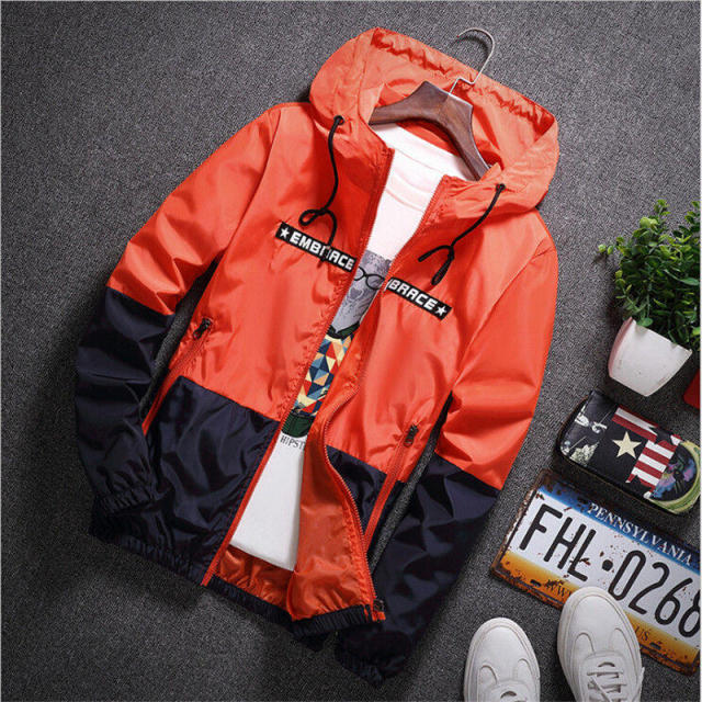 Men's all weather casual jacket by The Clothing Company Sydney featuring patchwork design, slim fit, hood, and zipper.