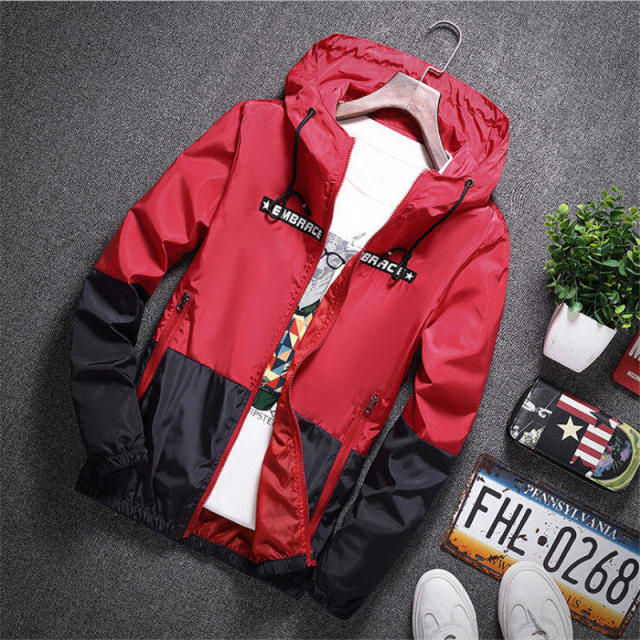 Men's all-weather casual jacket with patchwork design, slim fit hood, zipper, windbreaker style, by The Clothing Company Sydney.