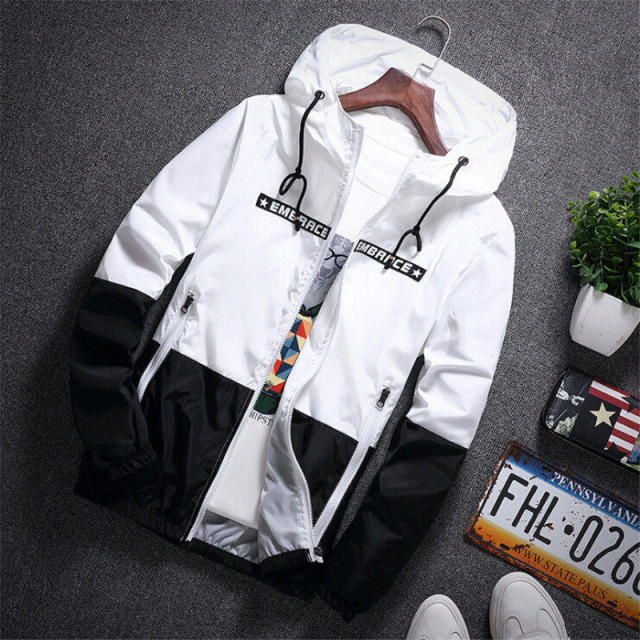 Men's all-weather casual jacket with patchwork design, hood, slim fit, zipper, and windbreaker style by The Clothing Company Sydney.
