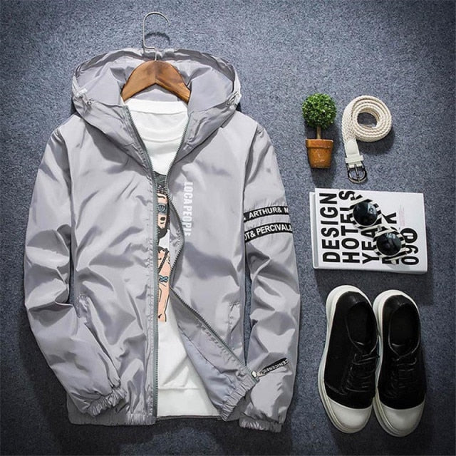 Men's all weather casual jacket by The Clothing Company Sydney with patchwork design, hood, slim fit, and zipper windbreaker style.