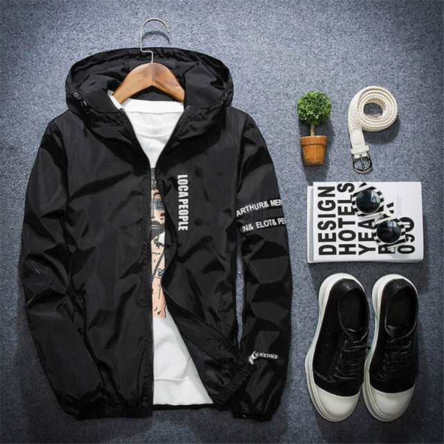 Men's all weather casual jacket with patchwork design, slim fit hood, zipper, and windbreaker style from The Clothing Company Sydney.