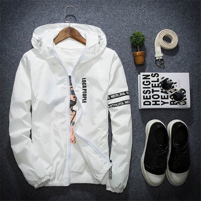 Men's all-weather casual jacket with patchwork design, slim fit hood, zipper, and windbreaker style by The Clothing Company Sydney.