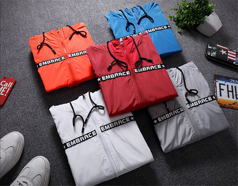 Men's all-weather casual jacket with patchwork design, slim fit hood, zipper, and windbreaker features from The Clothing Company Sydney.