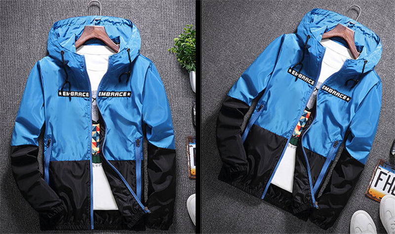 Men's all-weather casual jacket with patchwork design, slim fit hood, zipper, lightweight windbreaker, from The Clothing Company Sydney.