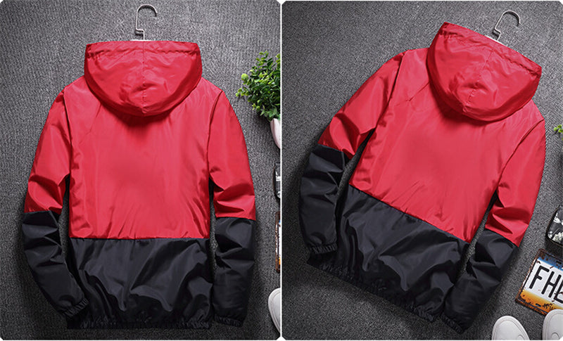 Men's all weather casual jacket with patchwork design, slim fit hood, zipper closure, windbreaker style, from The Clothing Company Sydney.