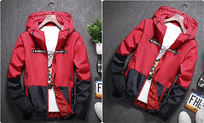 Men's all-weather casual jacket by The Clothing Company Sydney with patchwork design, slim fit, hood, and zipper, windbreaker style.