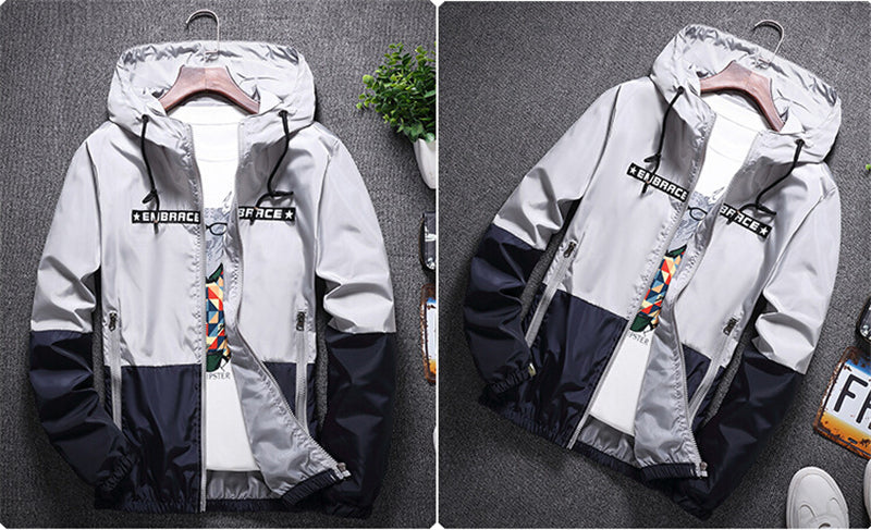 Men's all-weather casual jacket with patchwork design, slim fit, hood, zipper, lightweight windbreaker, from The Clothing Company Sydney
