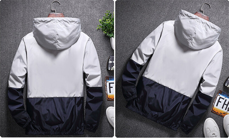 Men's all-weather casual jacket by The Clothing Company Sydney featuring patchwork design, slim fit, hood, and zipper closure.
