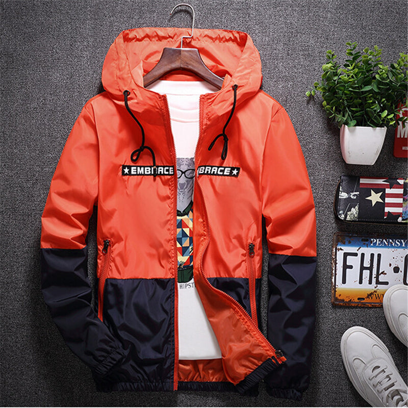 Men's all-weather casual jacket with patchwork design, slim fit, hooded windbreaker, zipper, lightweight sportswear by The Clothing Company Sydney