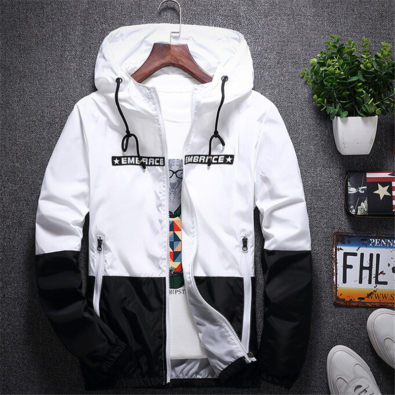 Men's all-weather casual jacket with patchwork design, slim fit, hood, zipper, and lightweight windbreaker style by The Clothing Company Sydney.