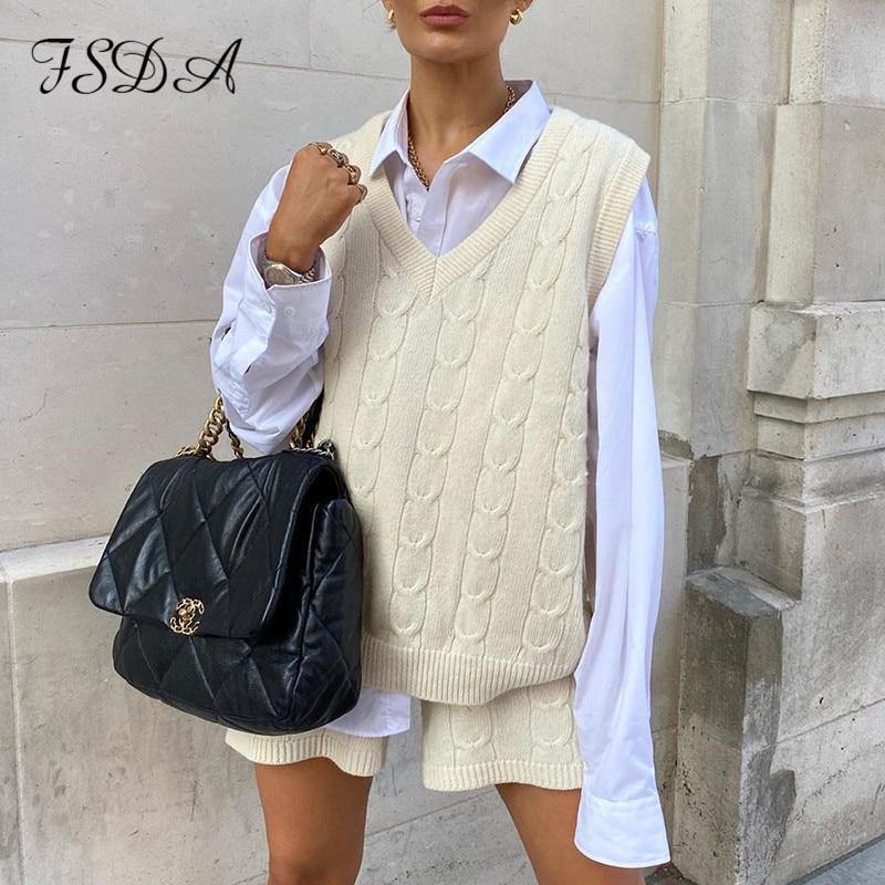 Sleeveless knitted sweater top and matching shorts mini set from The Clothing Company Sydney, casual autumn winter outfit.