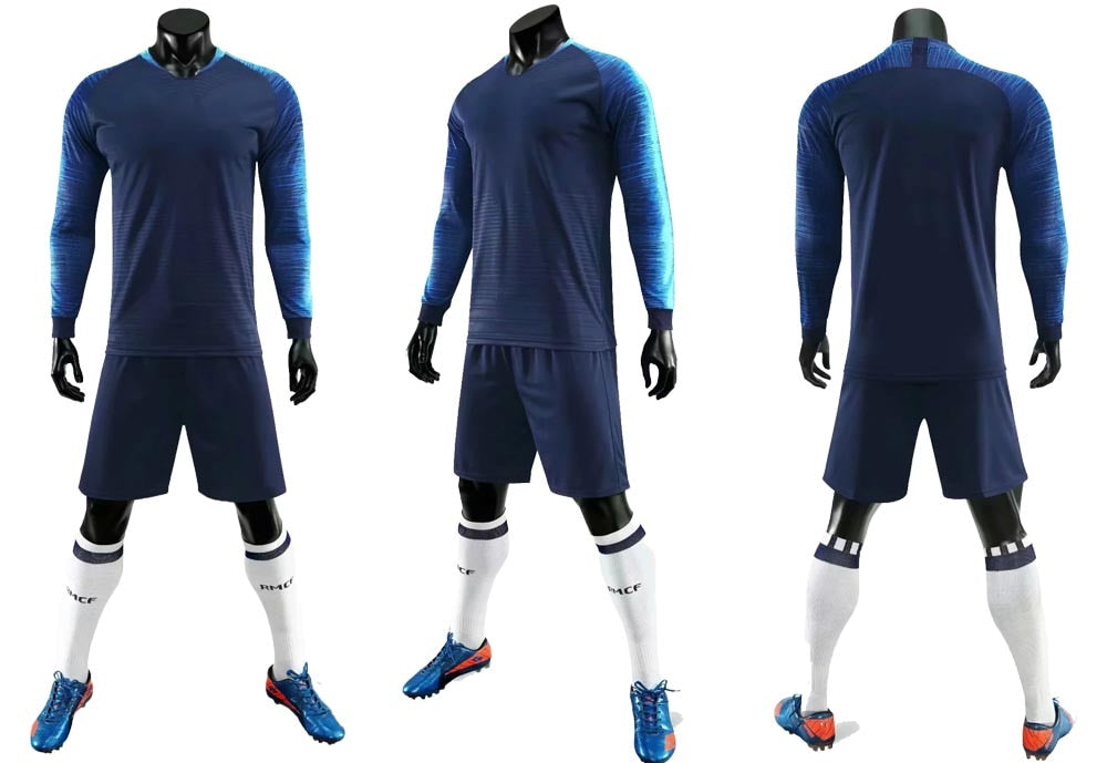 Adult kids soccer long sleeve jersey set with matching shorts by The Clothing Company Sydney, ideal for football training.