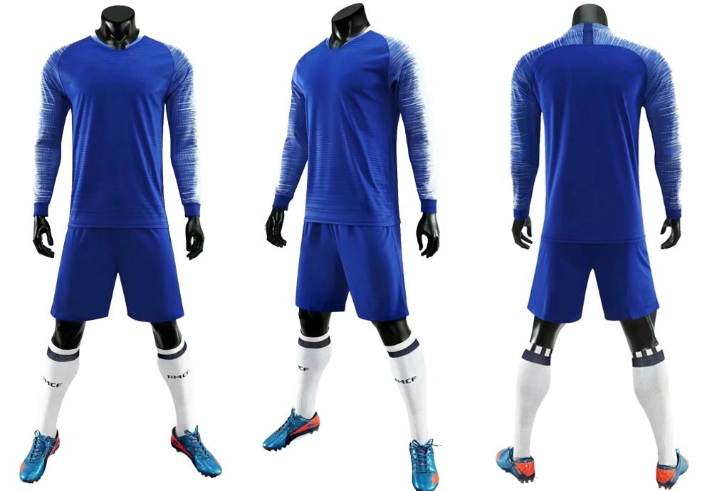 Adult kids soccer long sleeve jersey set with matching shorts, custom football training uniforms by The Clothing Company Sydney.
