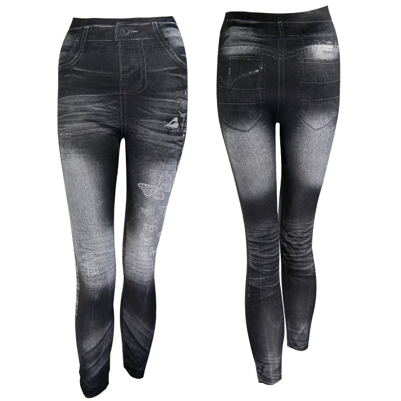 Black imitation jean skinny leggings from The Clothing Company Sydney, showcasing slim fit, stretchy fabric, and stylish design.