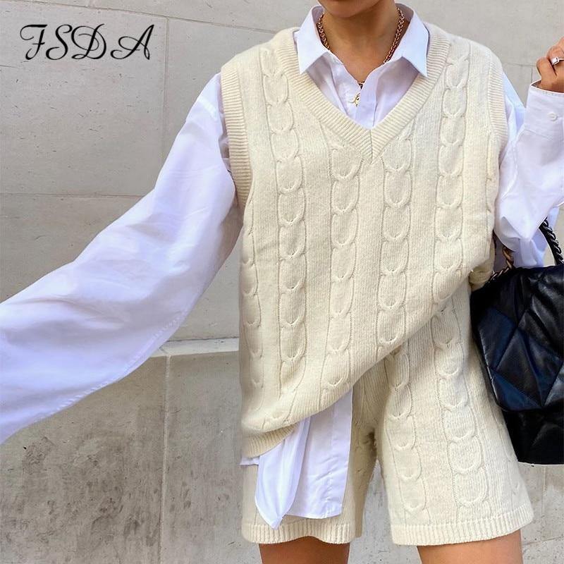 Sleeveless knitted sweater top and matching shorts mini set by The Clothing Company Sydney, casual autumn winter outfit.