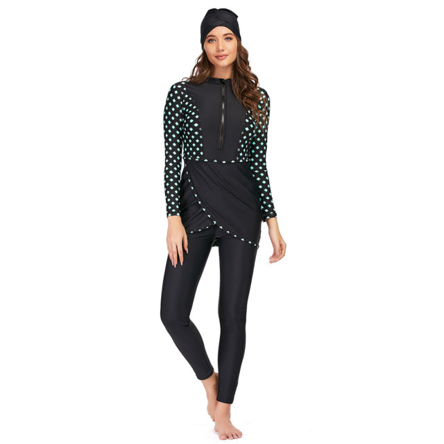 Three-piece full-body long sleeve swimsuit by The Clothing Company Sydney, featuring conservative swimwear design for active water sports.