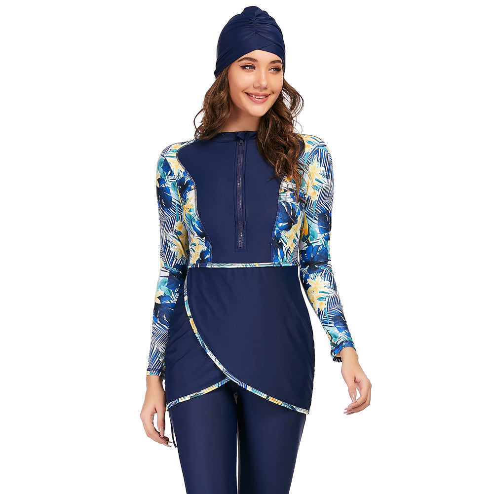 Three-piece full-body long sleeve swimsuit by The Clothing Company Sydney, conservative swimwear set with full coverage and sporty design.