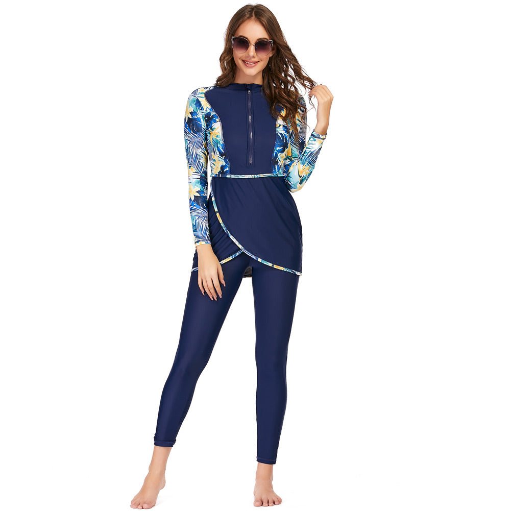 Three-piece full-body swimwear set with long sleeves, conservative design, by The Clothing Company Sydney, shown on a model.