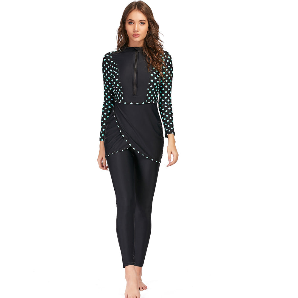 Three-piece full body swimwear set by The Clothing Company Sydney featuring long sleeves and conservative design for sports swimming.