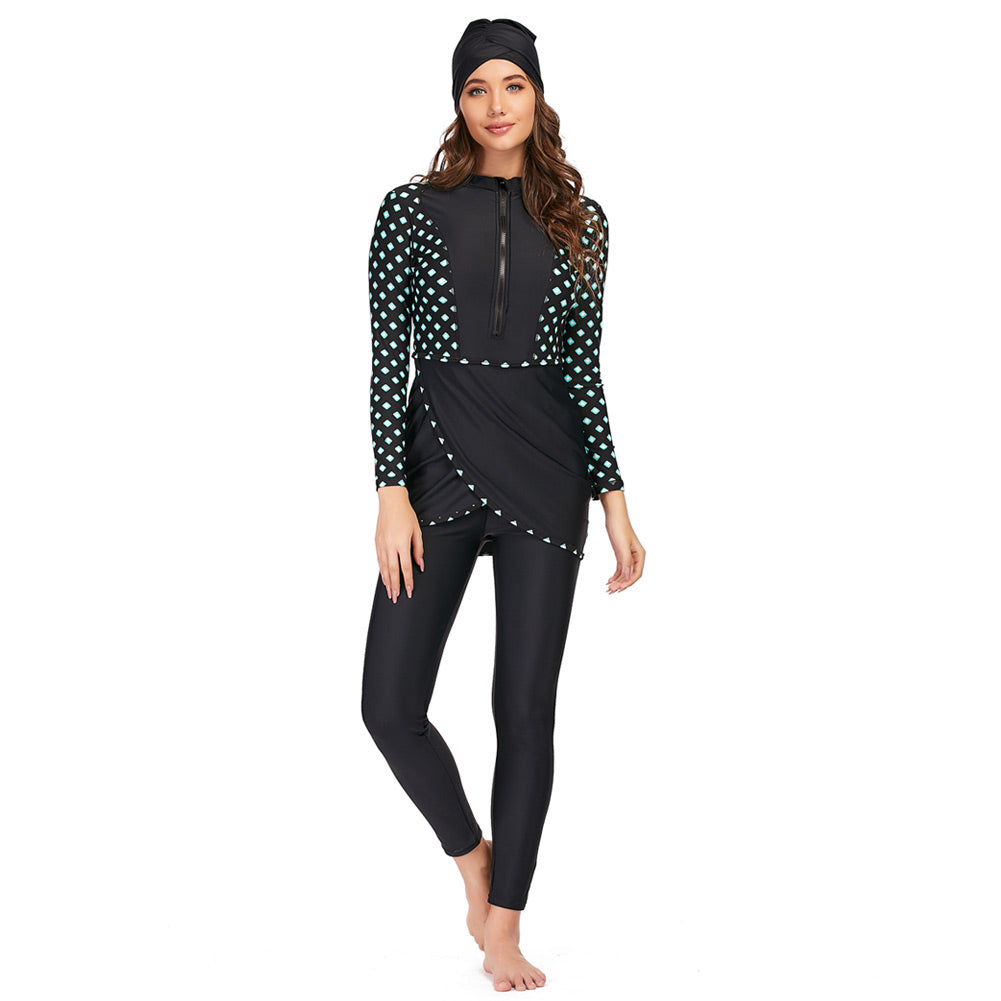 Long sleeve 3-piece full body swimsuit by The Clothing Company Sydney, conservative swimwear for active water sports.