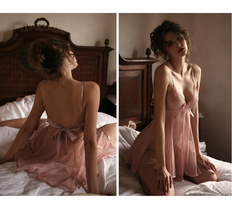 Backless lace sling nightdress with spaghetti straps and bow tie detail, designed for summer nightwear by The Clothing Company Sydney.