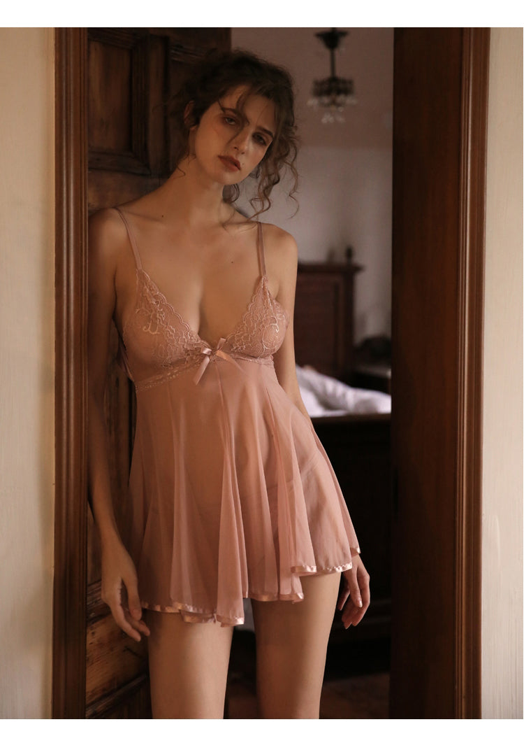 Backless lace sling nightgown with spaghetti straps and bow tie detail, designed as summer mesh nightwear by The Clothing Company Sydney.