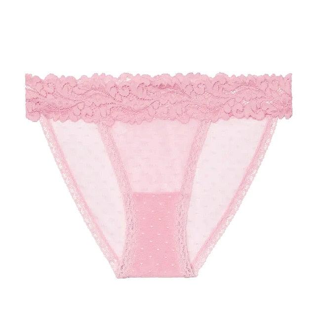 Low-waist dot mesh lace lingerie thong from The Clothing Company Sydney, featuring transparent, sexy briefs with delicate lace details.