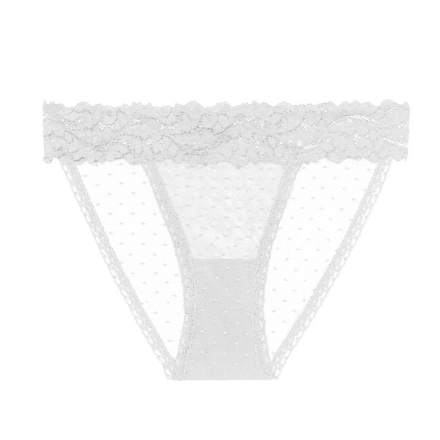 Low-waist dot mesh lace underwear by The Clothing Company Sydney, featuring transparent, sexy thong panties.