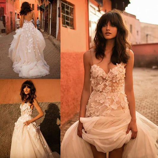 Boho Princess Sweetheart Appliqued with Flowers A-Line Tulle Backless Wedding Gown Free Customize Bride Dress The Clothing Company Sydney