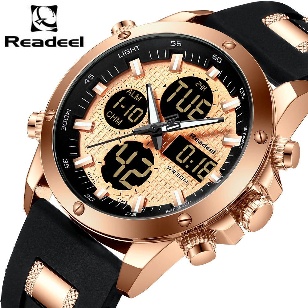 Luxury men's gold chronograph watch with digital LED display, waterproof design, and sporty style from The Clothing Company Sydney.