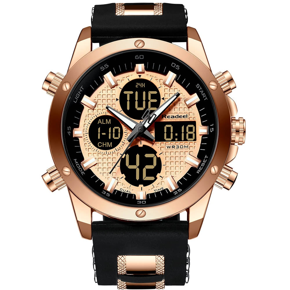 Luxury men's gold chronograph sport watch with digital LED display, waterproof wristwatch by The Clothing Company Sydney.