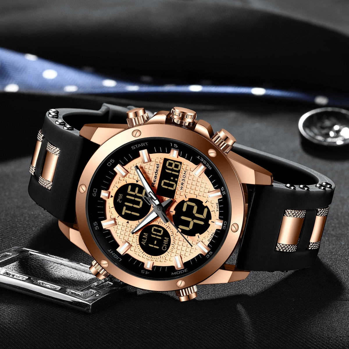 Luxury men's gold chronograph watch with digital LED display, waterproof sport wristwatch by The Clothing Company Sydney.