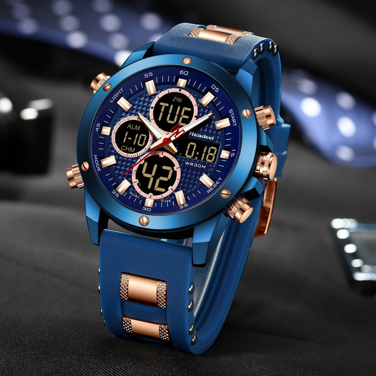 Luxury men's gold chronograph sport watch with digital LED display, waterproof design, from The Clothing Company Sydney.