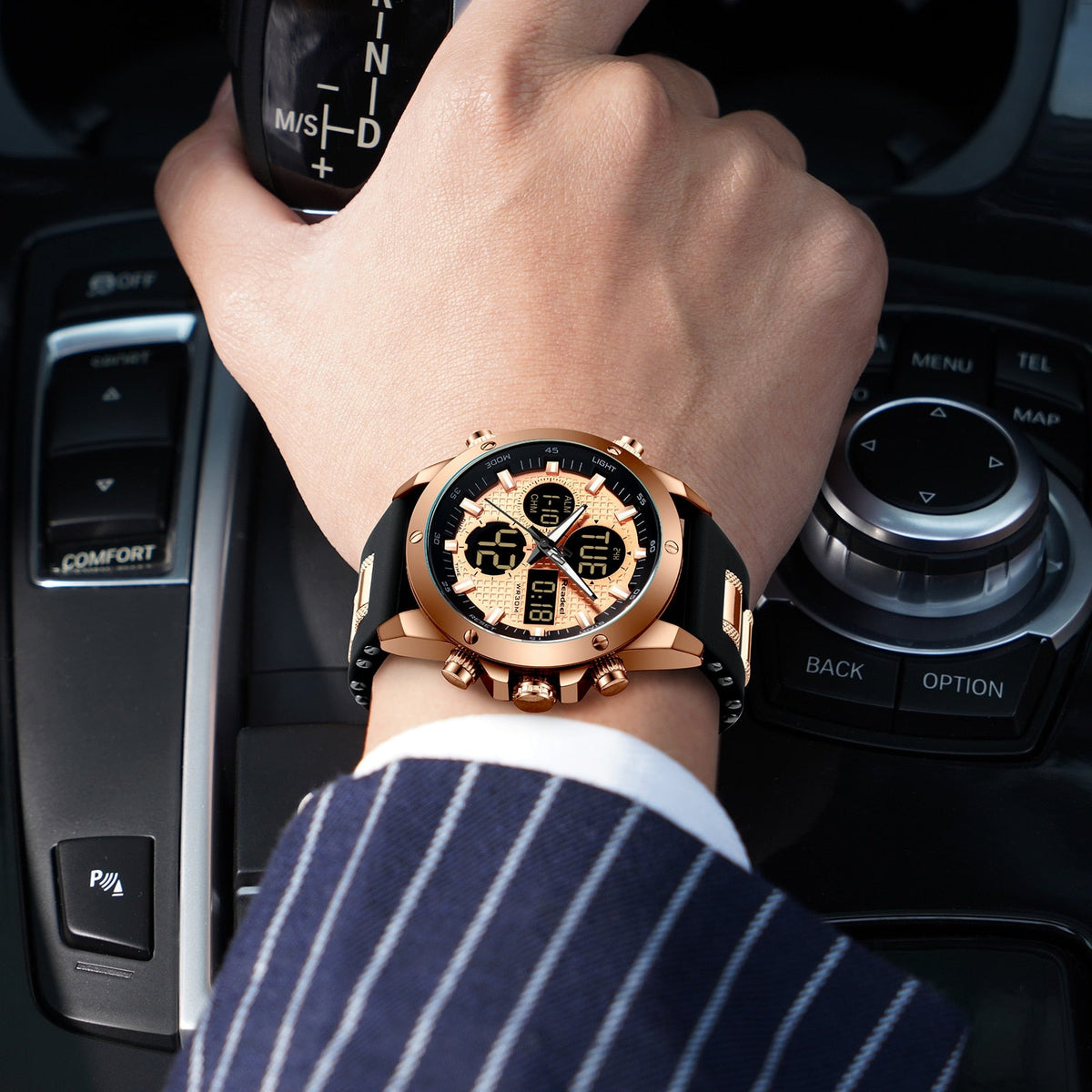 Luxury men's gold chronograph sport watch with digital LED display, waterproof wristwatch by The Clothing Company Sydney.