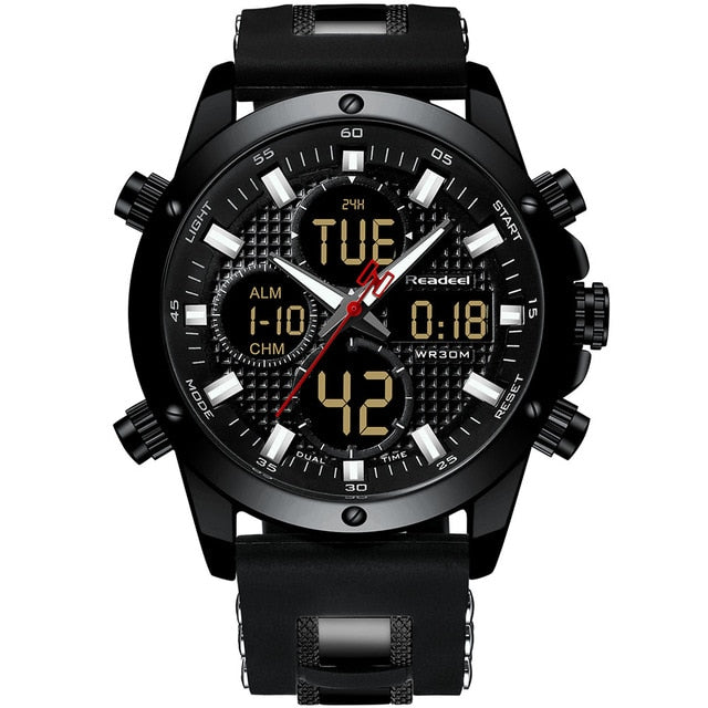 Luxury men's gold chronograph sport watch with digital LED display, waterproof wristwatch from The Clothing Company Sydney