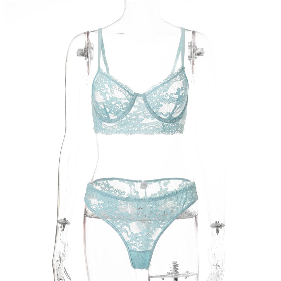 See-through lingerie set with push-up bralette and matching panties from The Clothing Company Sydney, featuring delicate lace details.