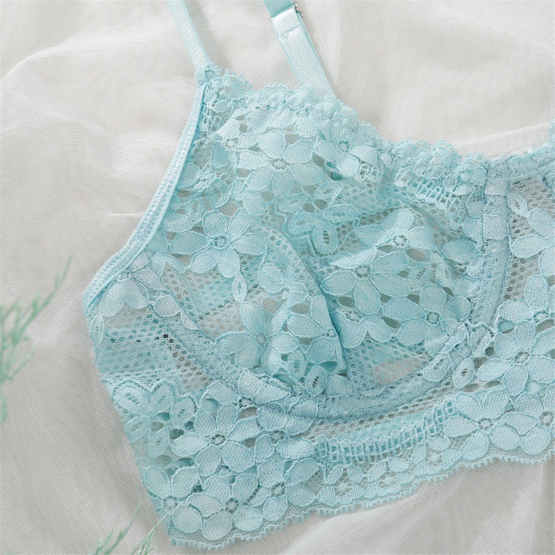 See-through lingerie set with push-up bralette and matching panties by The Clothing Company Sydney, featuring lace and delicate design.