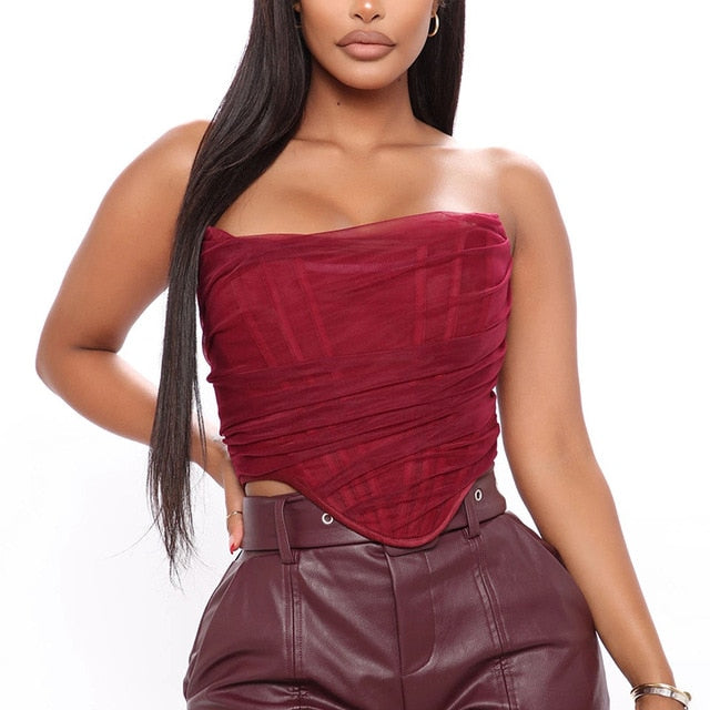Sleeveless strapless bustier corset crop top with mesh back and zipper, perfect for summer, by The Clothing Company Sydney.