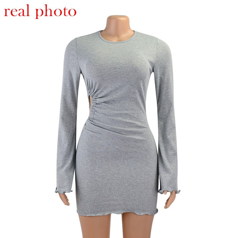 Autumn draped flare sleeve mini dress by The Clothing Company Sydney with cut-out details, round neckline, and ruched fit.