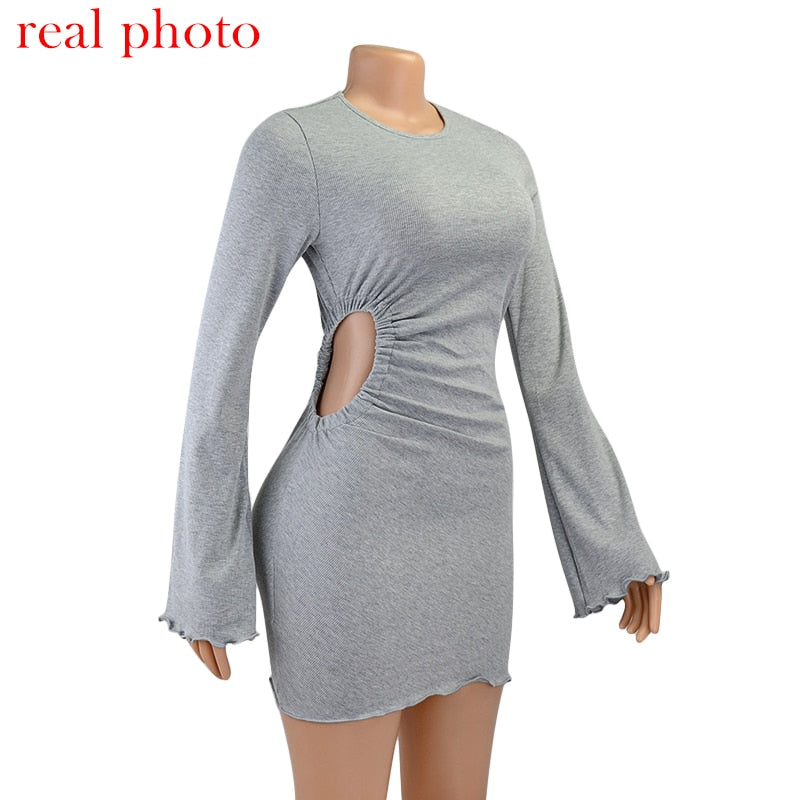 Autumn draped flare sleeve mini dress with cut-out details, round neck, ruched fit, by The Clothing Company Sydney, casual streetwear style.