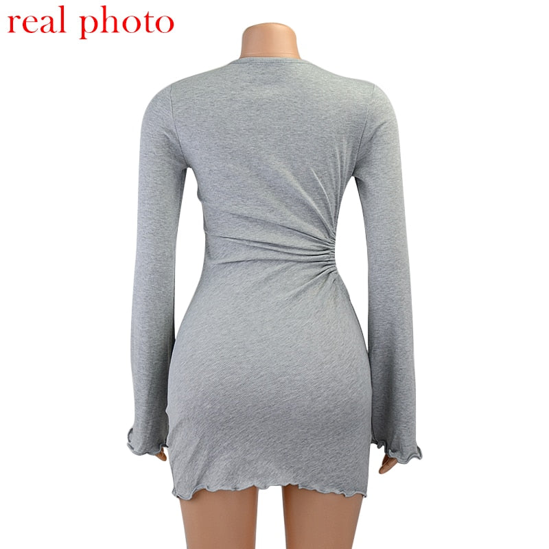 Autumn draped flare sleeve mini dress with cut-outs, round neck, ruching, and skinny fit from The Clothing Company Sydney.